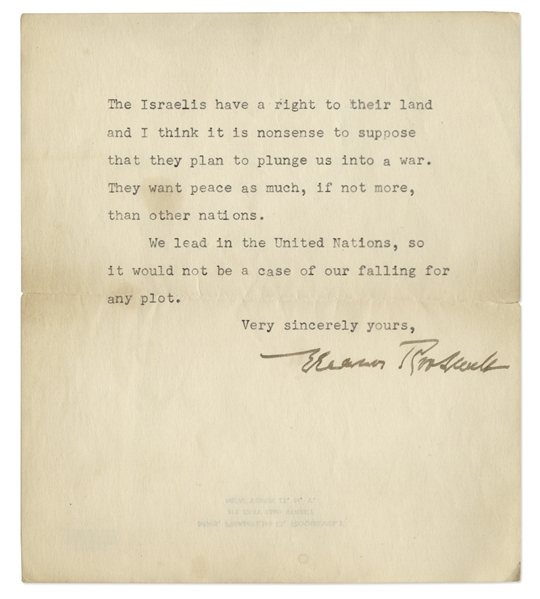 Eleanor Roosevelt Letter Signed Where She Vigorously Defends Israel's Right of Self Defense: ''...Israel was not an aggressor...The Israelis have a right to their land...'' -- With PSA/DNA COA